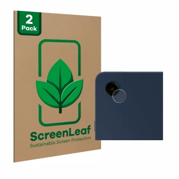 Parte frontale di una confezione del prodotto con il logo del marchio ScreenLeaf. Accanto è raffigurato il dispositivo Samsung
