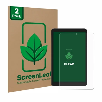 Parte frontale di una confezione del prodotto con il logo del marchio ScreenLeaf. Accanto è raffigurato il dispositivo Doogee 