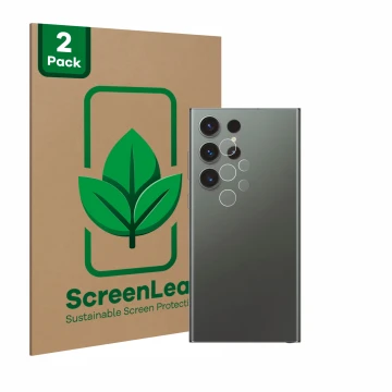 Parte frontale di una confezione del prodotto con il logo del marchio ScreenLeaf. Accanto è raffigurato il dispositivo Samsung