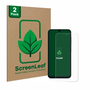Parte frontale di una confezione del prodotto con il logo del marchio ScreenLeaf. Accanto è raffigurato il dispositivo Samsung