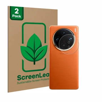 Parte frontale di una confezione del prodotto con il logo del marchio ScreenLeaf. Accanto è raffigurato il dispositivo Vivo X1