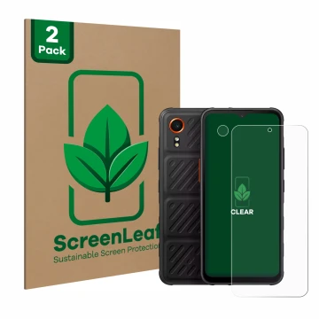 Parte frontale di una confezione del prodotto con il logo del marchio ScreenLeaf. Accanto è raffigurato il dispositivo Samsung