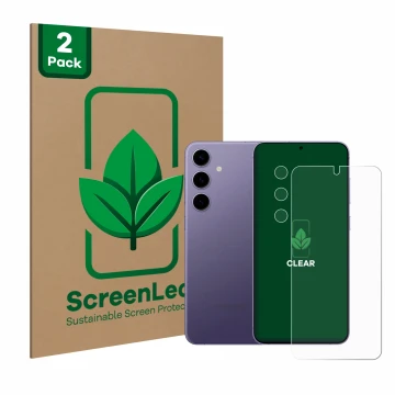 Parte frontale di una confezione del prodotto con il logo del marchio ScreenLeaf. Accanto è raffigurato il dispositivo Samsung