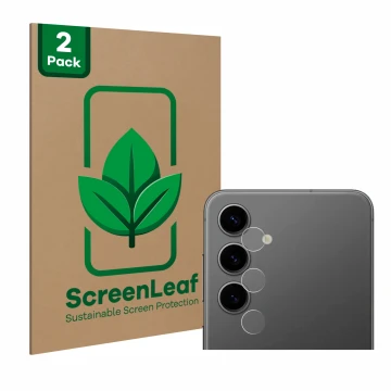 Parte frontale di una confezione del prodotto con il logo del marchio ScreenLeaf. Accanto è raffigurato il dispositivo Samsung