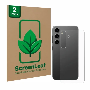 Parte frontale di una confezione del prodotto con il logo del marchio ScreenLeaf. Accanto è raffigurato il dispositivo Samsung