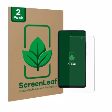 Parte frontale di una confezione del prodotto con il logo del marchio ScreenLeaf. Accanto è raffigurato il dispositivo Motorol