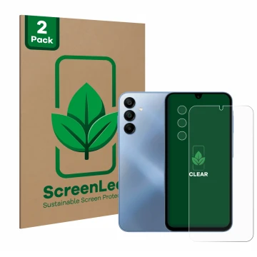 Parte frontale di una confezione del prodotto con il logo del marchio ScreenLeaf. Accanto è raffigurato il dispositivo Samsung