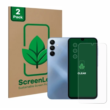 Parte frontale di una confezione del prodotto con il logo del marchio ScreenLeaf. Accanto è raffigurato il dispositivo Samsung