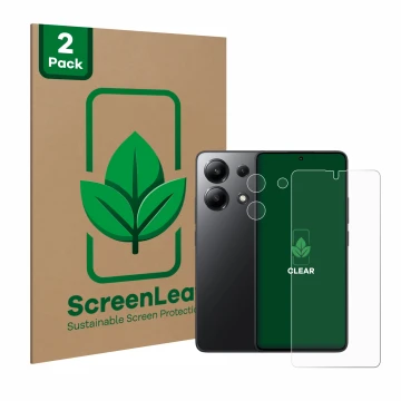 Parte frontale di una confezione del prodotto con il logo del marchio ScreenLeaf. Accanto è raffigurato il dispositivo Xiaomi 