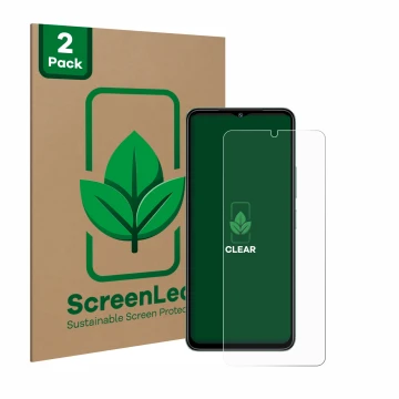 Parte frontale di una confezione del prodotto con il logo del marchio ScreenLeaf. Accanto è raffigurato il dispositivo Xiaomi 