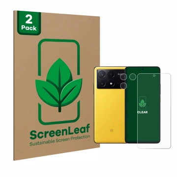 Parte frontale di una confezione del prodotto con il logo del marchio ScreenLeaf. Accanto è raffigurato il dispositivo Xiaomi 