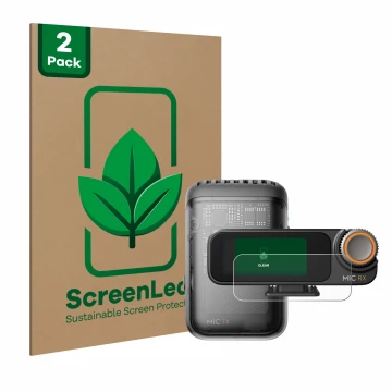 Parte frontale di una confezione del prodotto con il logo del marchio ScreenLeaf. Accanto è raffigurato il dispositivo DJI Mic