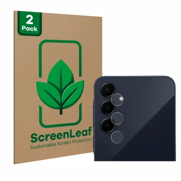 Parte frontale di una confezione del prodotto con il logo del marchio ScreenLeaf. Accanto è raffigurato il dispositivo Samsung