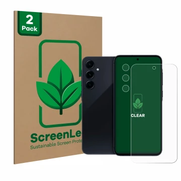 Parte frontale di una confezione del prodotto con il logo del marchio ScreenLeaf. Accanto è raffigurato il dispositivo Samsung