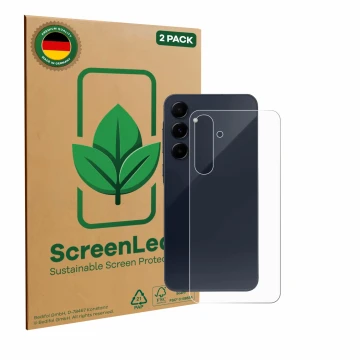 Parte frontale di una confezione del prodotto con il logo del marchio ScreenLeaf. Accanto è raffigurato il dispositivo Samsung