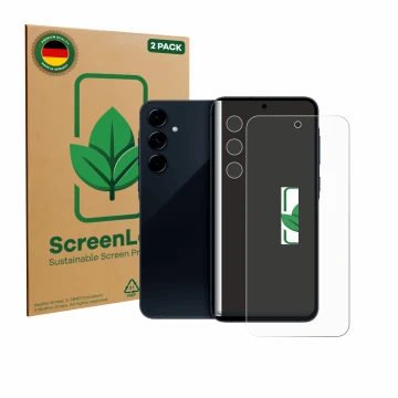 Parte frontale di una confezione del prodotto con il logo del marchio ScreenLeaf. Accanto è raffigurato il dispositivo Samsung
