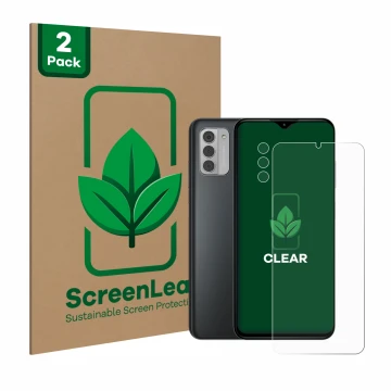 Parte frontale di una confezione del prodotto con il logo del marchio ScreenLeaf. Accanto è raffigurato il dispositivo Nokia G