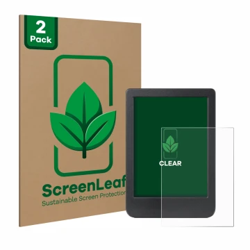 Parte frontale di una confezione del prodotto con il logo del marchio ScreenLeaf. Accanto è raffigurato il dispositivo Kobo Cl