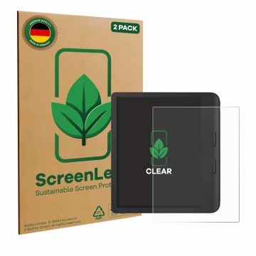 Parte frontale di una confezione del prodotto con il logo del marchio ScreenLeaf. Accanto è raffigurato il dispositivo Tolino 