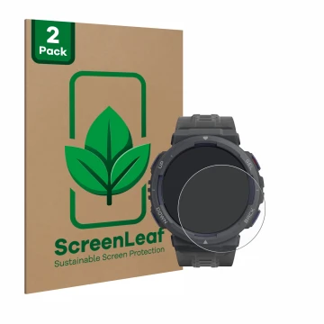 Parte frontale di una confezione del prodotto con il logo del marchio ScreenLeaf. Accanto è raffigurato il dispositivo Amazfit