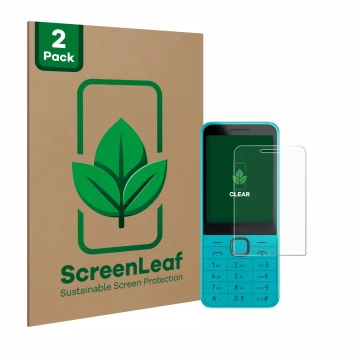 Parte frontale di una confezione del prodotto con il logo del marchio ScreenLeaf. Accanto è raffigurato il dispositivo Nokia 2