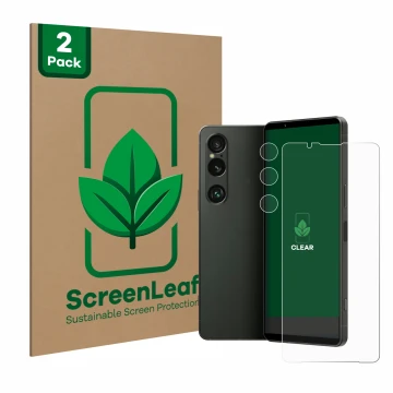 Parte frontale di una confezione del prodotto con il logo del marchio ScreenLeaf. Accanto è raffigurato il dispositivo Sony Xp