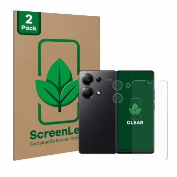 Parte frontale di una confezione del prodotto con il logo del marchio ScreenLeaf. Accanto è raffigurato il dispositivo Xiaomi 