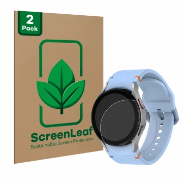 Parte frontale di una confezione del prodotto con il logo del marchio ScreenLeaf. Accanto è raffigurato il dispositivo Samsung