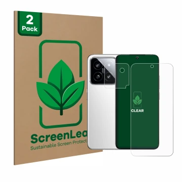 Parte frontale di una confezione del prodotto con il logo del marchio ScreenLeaf. Accanto è raffigurato il dispositivo Xiaomi 