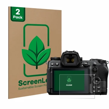 Parte frontale di una confezione del prodotto con il logo del marchio ScreenLeaf. Accanto è raffigurato il dispositivo Nikon Z