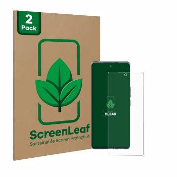 Parte frontale di una confezione del prodotto con il logo del marchio ScreenLeaf. Accanto è raffigurato il dispositivo HTC U24