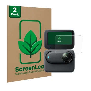 Parte frontale di una confezione del prodotto con il logo del marchio ScreenLeaf. Accanto è raffigurato il dispositivo Insta36