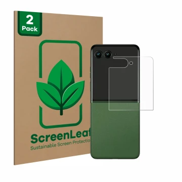 Parte frontale di una confezione del prodotto con il logo del marchio ScreenLeaf. Accanto è raffigurato il dispositivo Motorol