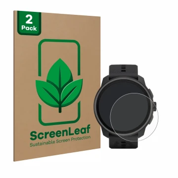 Parte frontale di una confezione del prodotto con il logo del marchio ScreenLeaf. Accanto è raffigurato il dispositivo Suunto 