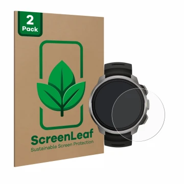 Parte frontale di una confezione del prodotto con il logo del marchio ScreenLeaf. Accanto è raffigurato il dispositivo Suunto 