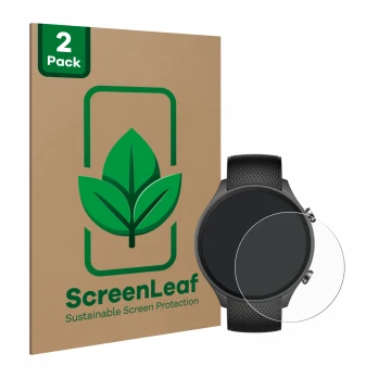 Parte frontale di una confezione del prodotto con il logo del marchio ScreenLeaf. Accanto è raffigurato il dispositivo OnePlus