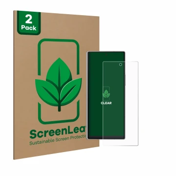 Parte frontale di una confezione del prodotto con il logo del marchio ScreenLeaf. Accanto è raffigurato il dispositivo Samsung