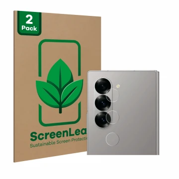 Parte frontale di una confezione del prodotto con il logo del marchio ScreenLeaf. Accanto è raffigurato il dispositivo Samsung