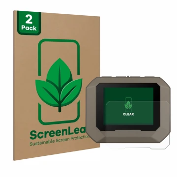 Parte frontale di una confezione del prodotto con il logo del marchio ScreenLeaf. Accanto è raffigurato il dispositivo Garmin 