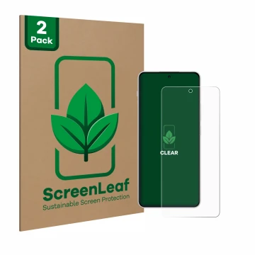Parte frontale di una confezione del prodotto con il logo del marchio ScreenLeaf. Accanto è raffigurato il dispositivo OnePlus