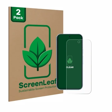 Parte frontale di una confezione del prodotto con il logo del marchio ScreenLeaf. Accanto è raffigurato il dispositivo Google 