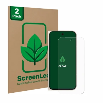Parte frontale di una confezione del prodotto con il logo del marchio ScreenLeaf. Accanto è raffigurato il dispositivo Google 