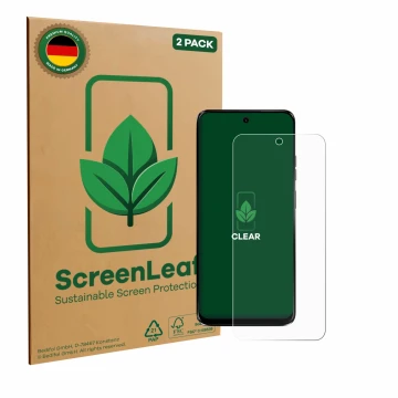 Parte frontale di una confezione del prodotto con il logo del marchio ScreenLeaf. Accanto è raffigurato il dispositivo Motorol