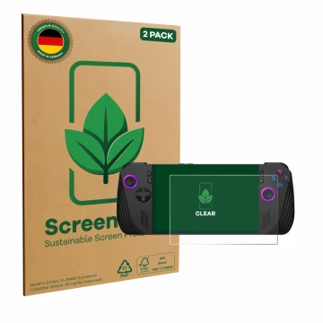 Parte frontale di una confezione del prodotto con il logo del marchio ScreenLeaf. Accanto è raffigurato il dispositivo ASUS RO