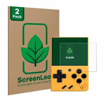 Parte frontale di una confezione del prodotto con il logo del marchio ScreenLeaf. Accanto è raffigurato il dispositivo Miyoo M