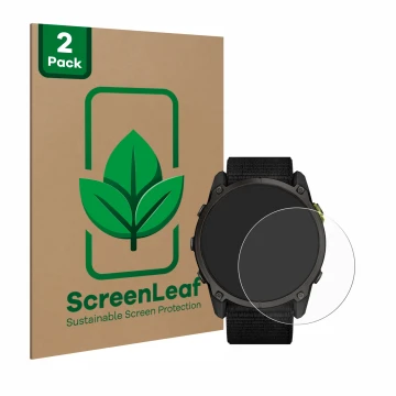Parte frontale di una confezione del prodotto con il logo del marchio ScreenLeaf. Accanto è raffigurato il dispositivo Garmin 