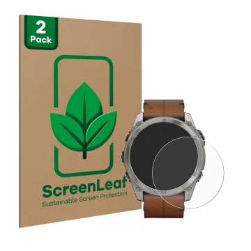 Parte frontale di una confezione del prodotto con il logo del marchio ScreenLeaf. Accanto è raffigurato il dispositivo Garmin 
