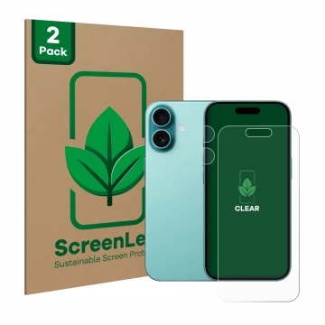 Parte frontale di una confezione del prodotto con il logo del marchio ScreenLeaf. Accanto è raffigurato il dispositivo Apple i