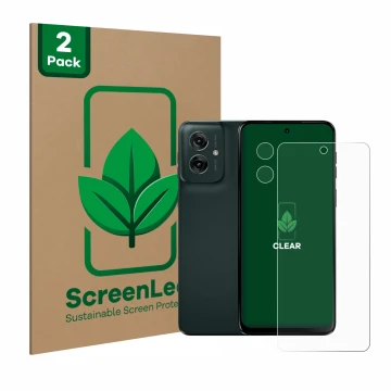 Parte frontale di una confezione del prodotto con il logo del marchio ScreenLeaf. Accanto è raffigurato il dispositivo Motorol