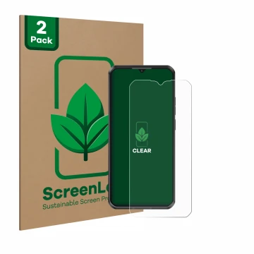 Parte frontale di una confezione del prodotto con il logo del marchio ScreenLeaf. Accanto è raffigurato il dispositivo Oukitel